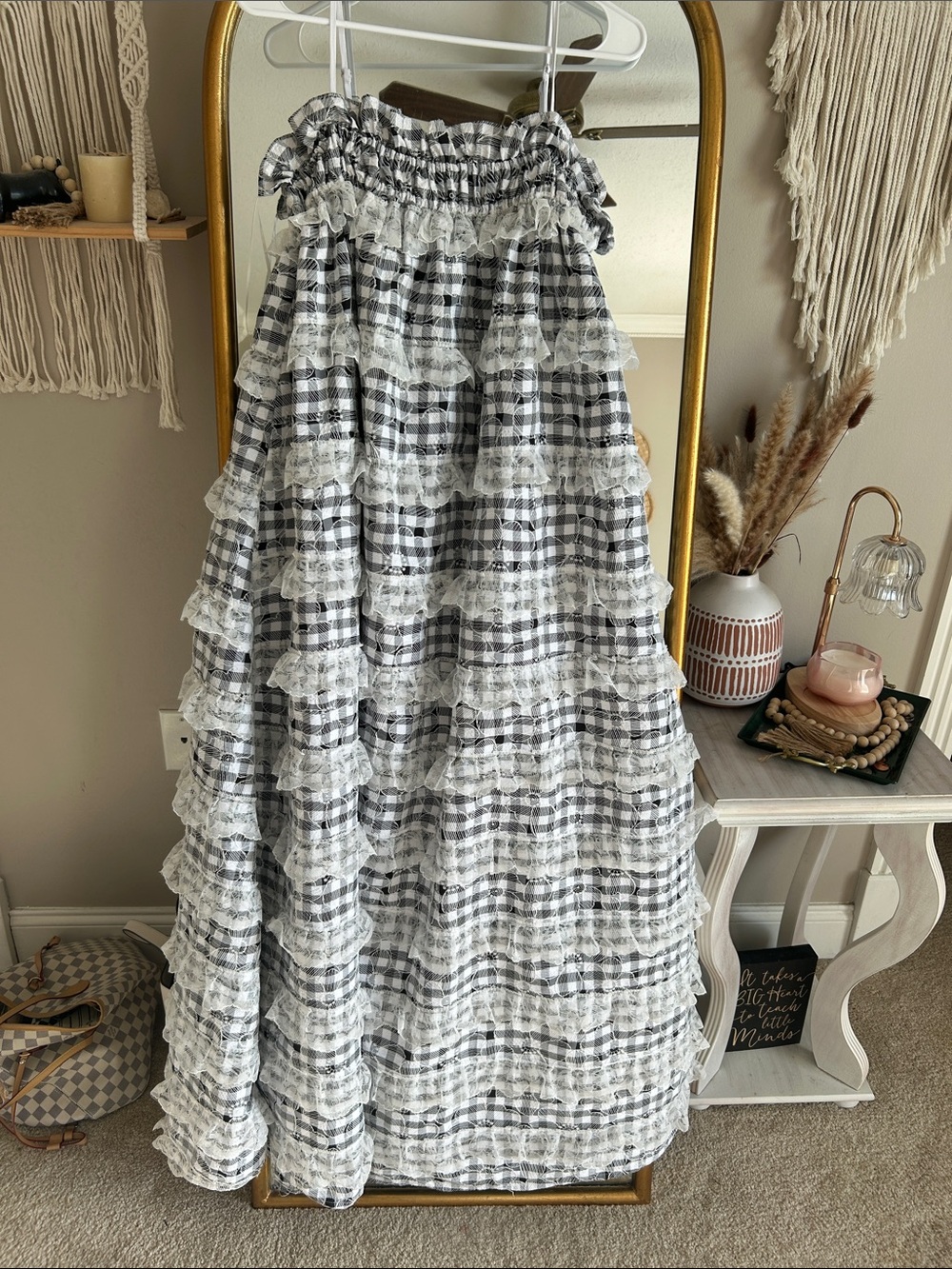 AUREUM White and Black Gingham Ruffled Maxi Dress